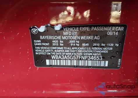 2015 BMW 328I from USA, damaged, VIN WBA3A5G57FNP34653